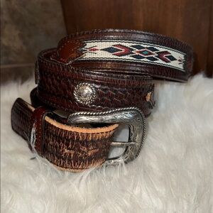 Brown leather western belt fabric metal concho embellishments distress worn 42
